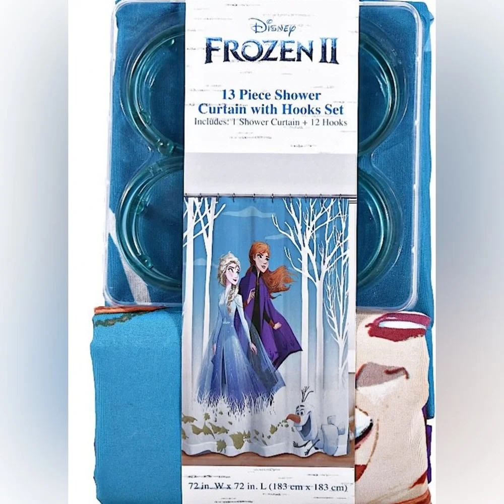 DISNEY PRINCESS FROZEN ELSA ANNA OLAF Fabric Shower Curtain & Hooks 72 x 72 NEW